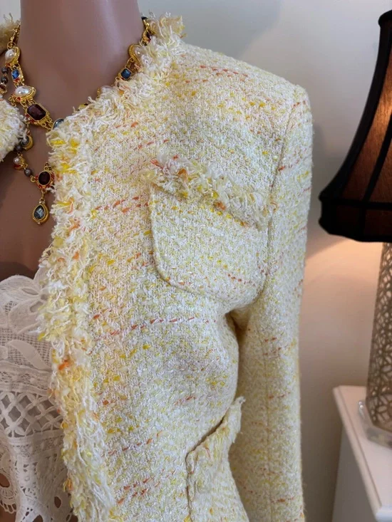 Maxime Pastel Yellow Tweed Skirt Set with Orange Accents - Picture 5 of 14